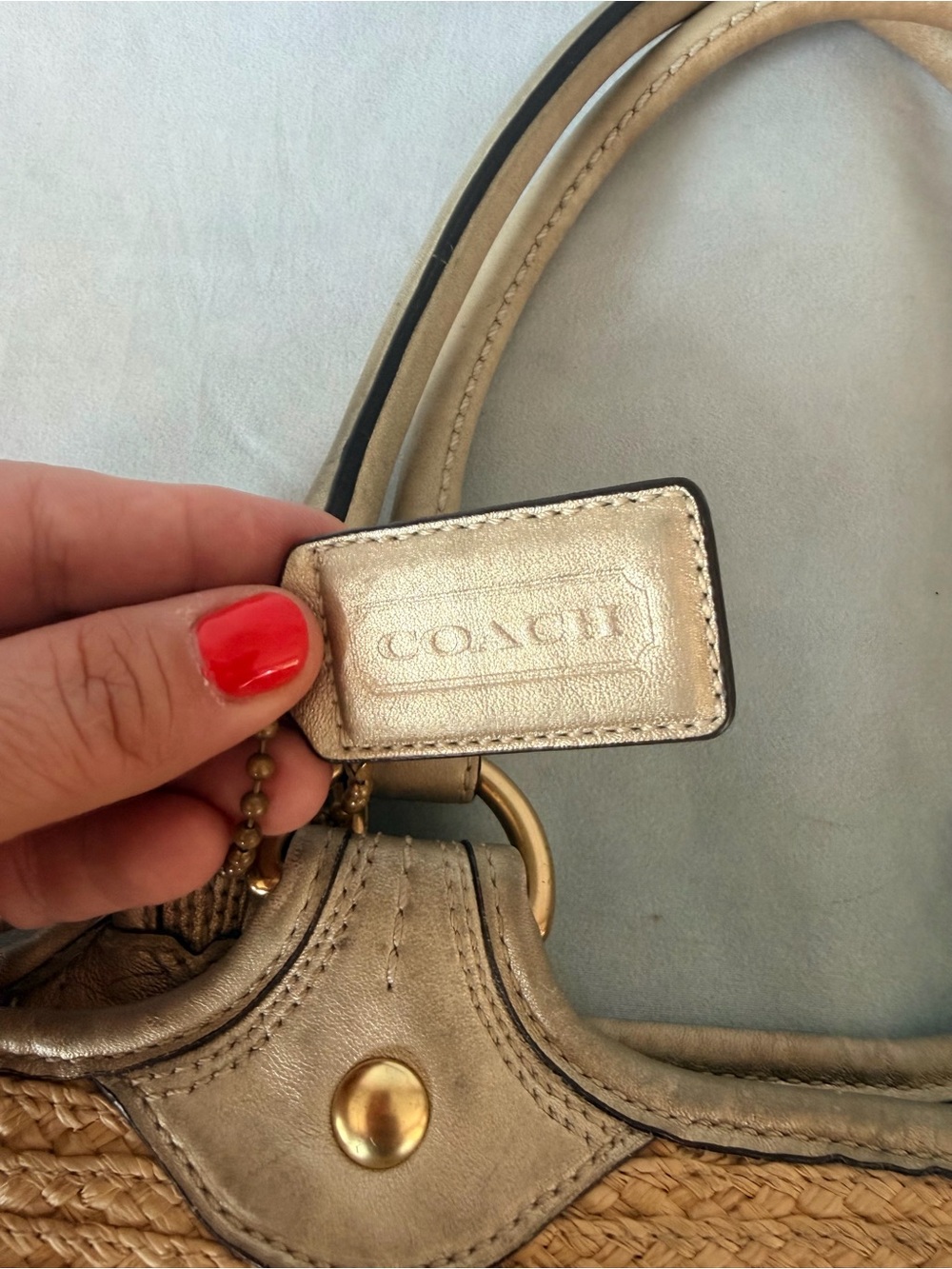 Coach Beige Straw Tote with Leather Handles and Floral Appliqué - Picture 2 of 8